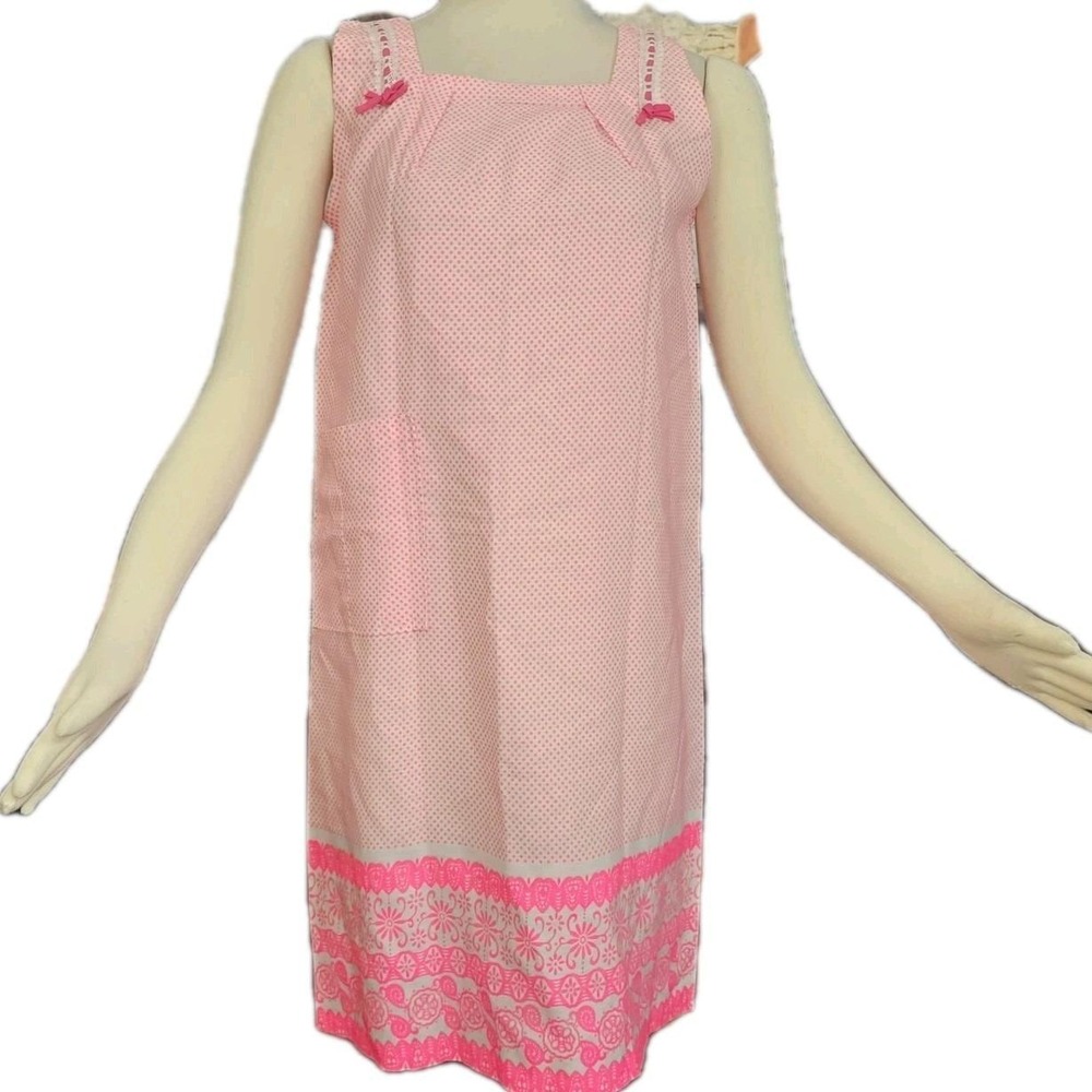 Vintage 1960's Dress Shift Mod Bright Pink White Polka Dot Lace Bows Sleeveless